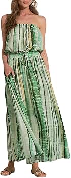 chinese dress ladies ELAN Women's Strapless Tie-Back Smocked Bodice Cover-Up Maxi Dress (Ivory  Blue Stripe, Medium) at Amazon Women's Clothing store