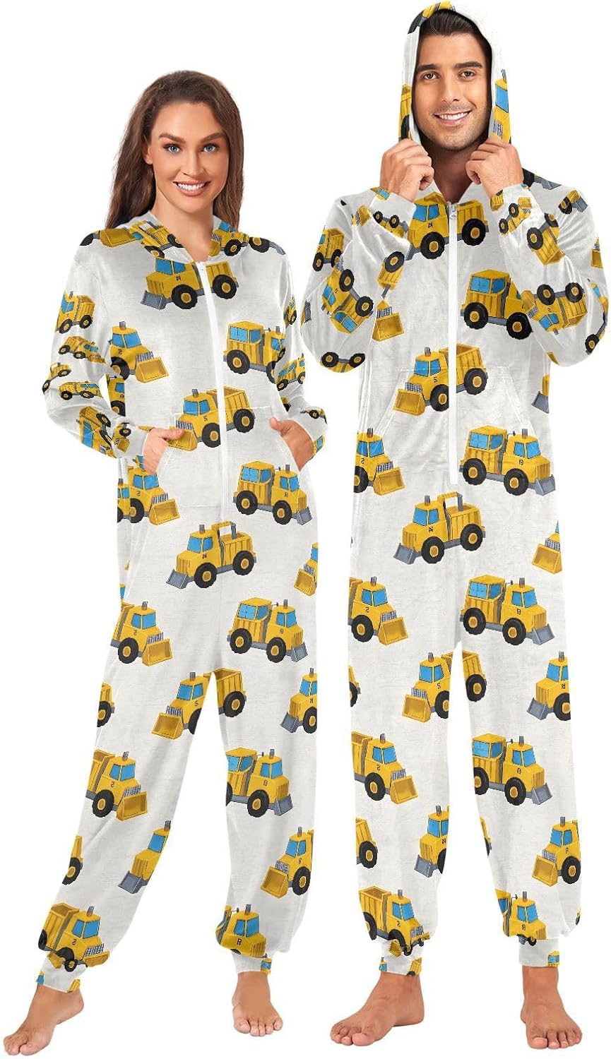 Bulldozer Car Pattern Adult Onesie Pajamas Novelty One Piece Costume Sleepwear Jumpsuits Matching PJS