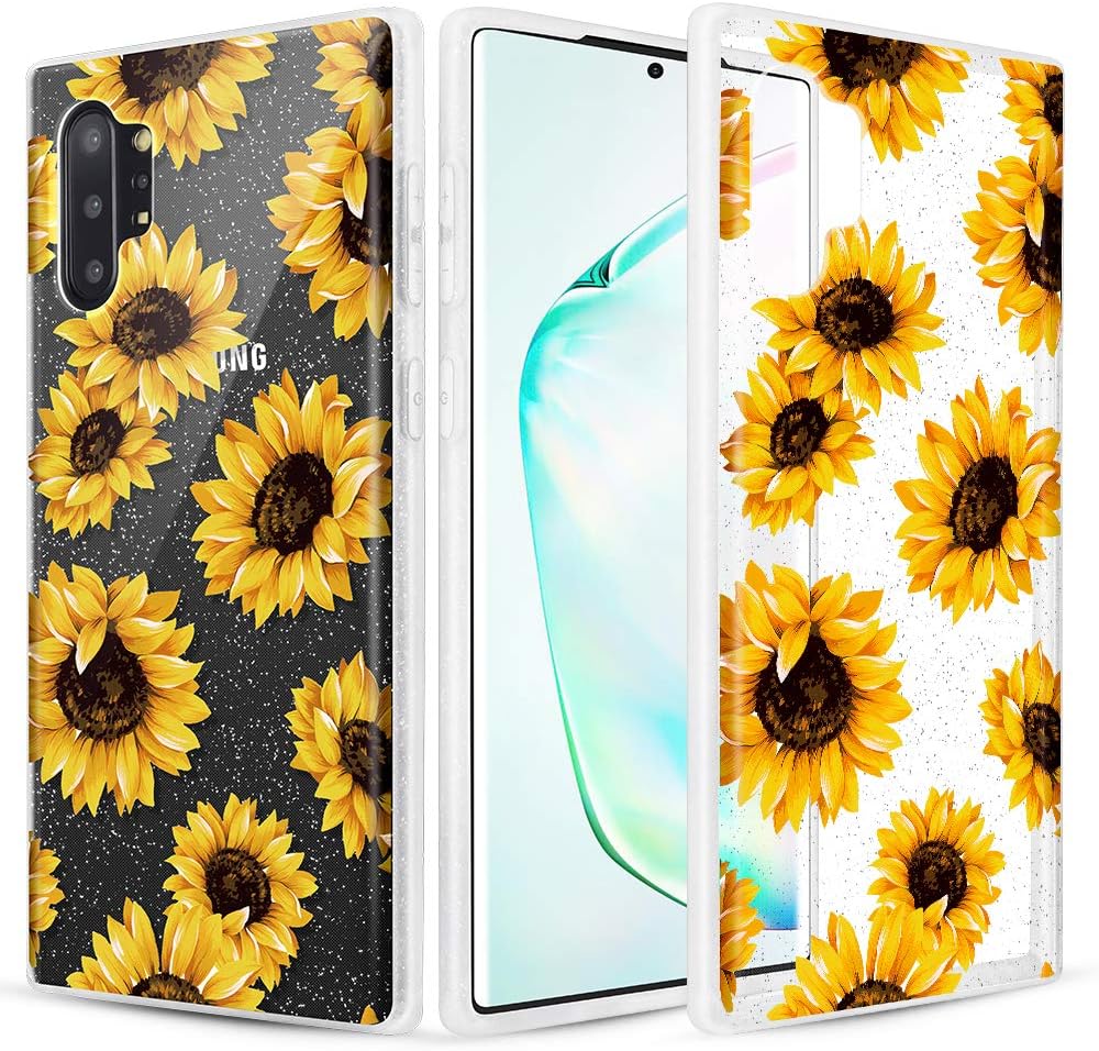 Caka Flower Case for Galaxy Note 10+ Plus Sunflower Clear Glitter Case Floral Pattern Flexible Bling Shiny Women Girls Slim Flower Cover Phone Case for Samsung Galaxy Note 10+ Plus 5G (Sunflower)