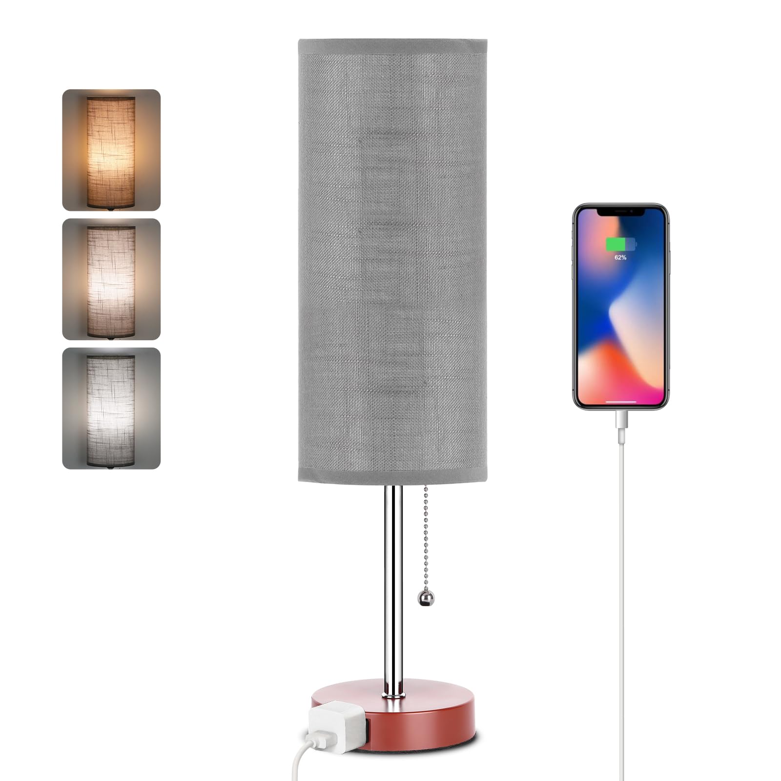 Dott Arts 18" Table Lamp for Bedroom, 3-Color Bedside Lamps with Pull Chain, Bedroom Table Lamps for Nightstand,AC Outlet Small Lamp for Living Room, Bulb Included Grey