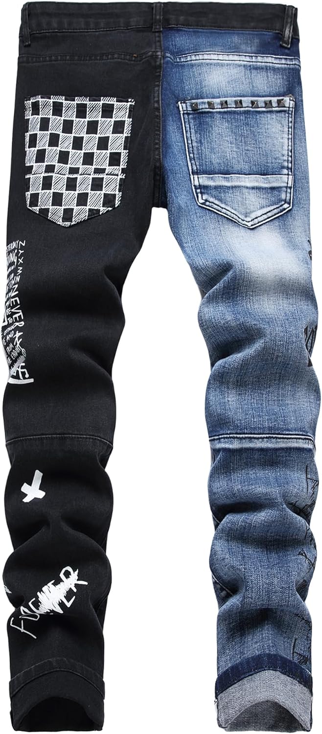 Baylvn Men's Designer Straight Slim Fit Patchwork Jeans Comfort Skinny Biker Denim Pants - Image 3