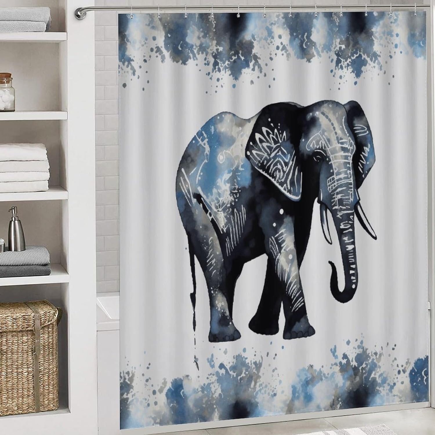 Elephant-Blue Black 4Pcs Shower Curtain Set with Non-Slip Rugs, Toilet Lid Cover and Bath Mat,Bathroom Set Decor Accessories,Curtain Set with 12 Hooks, 72 X 72 Inch
