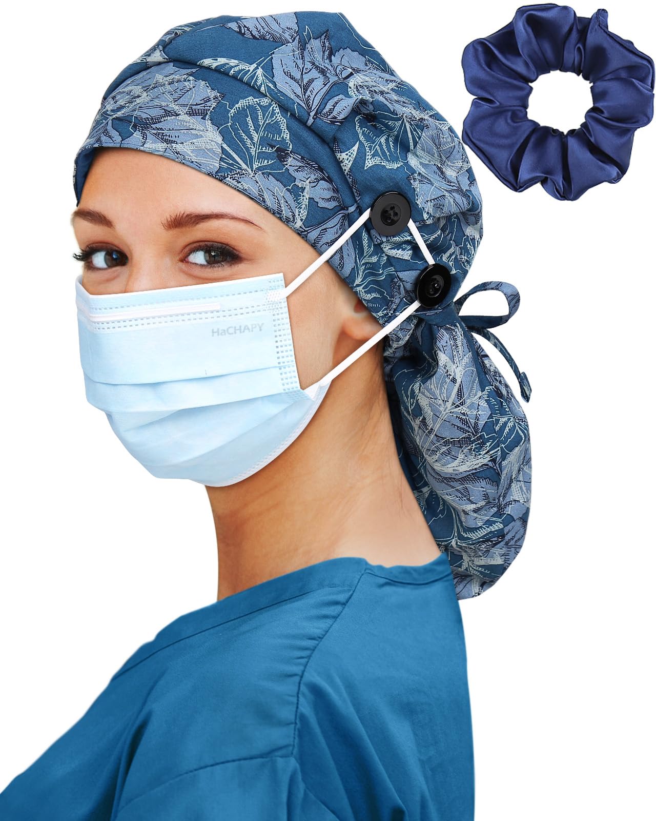 Satin Lined Scrub Cap for Women Extra Large Long Hair Surgical Nurse Cap 4 Buttons