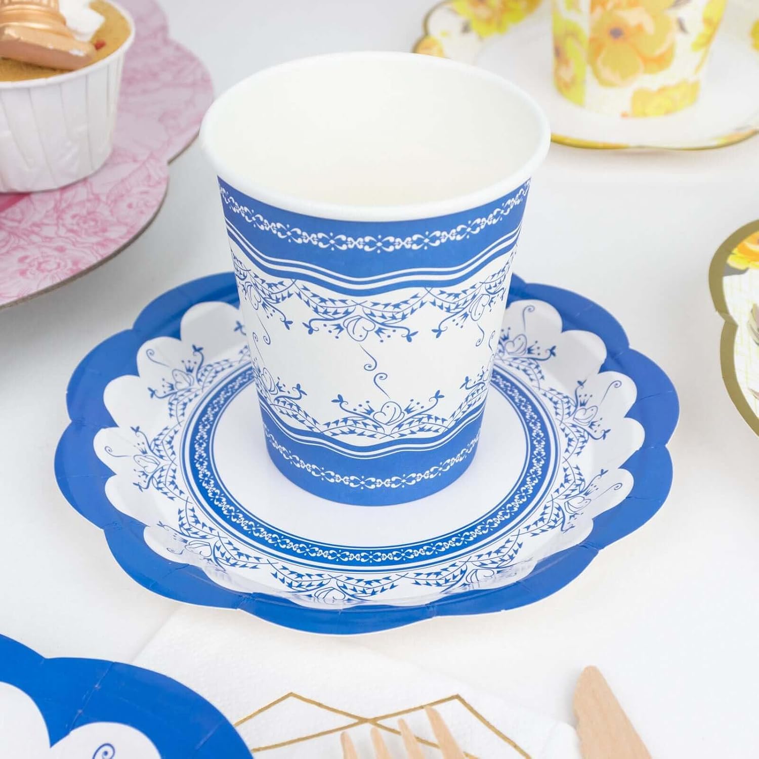 Efavormart 24 Pack | Vintage Mixed Floral Paper Tea Cup And Saucer Set, Disposable Tea Party Supplies Kit