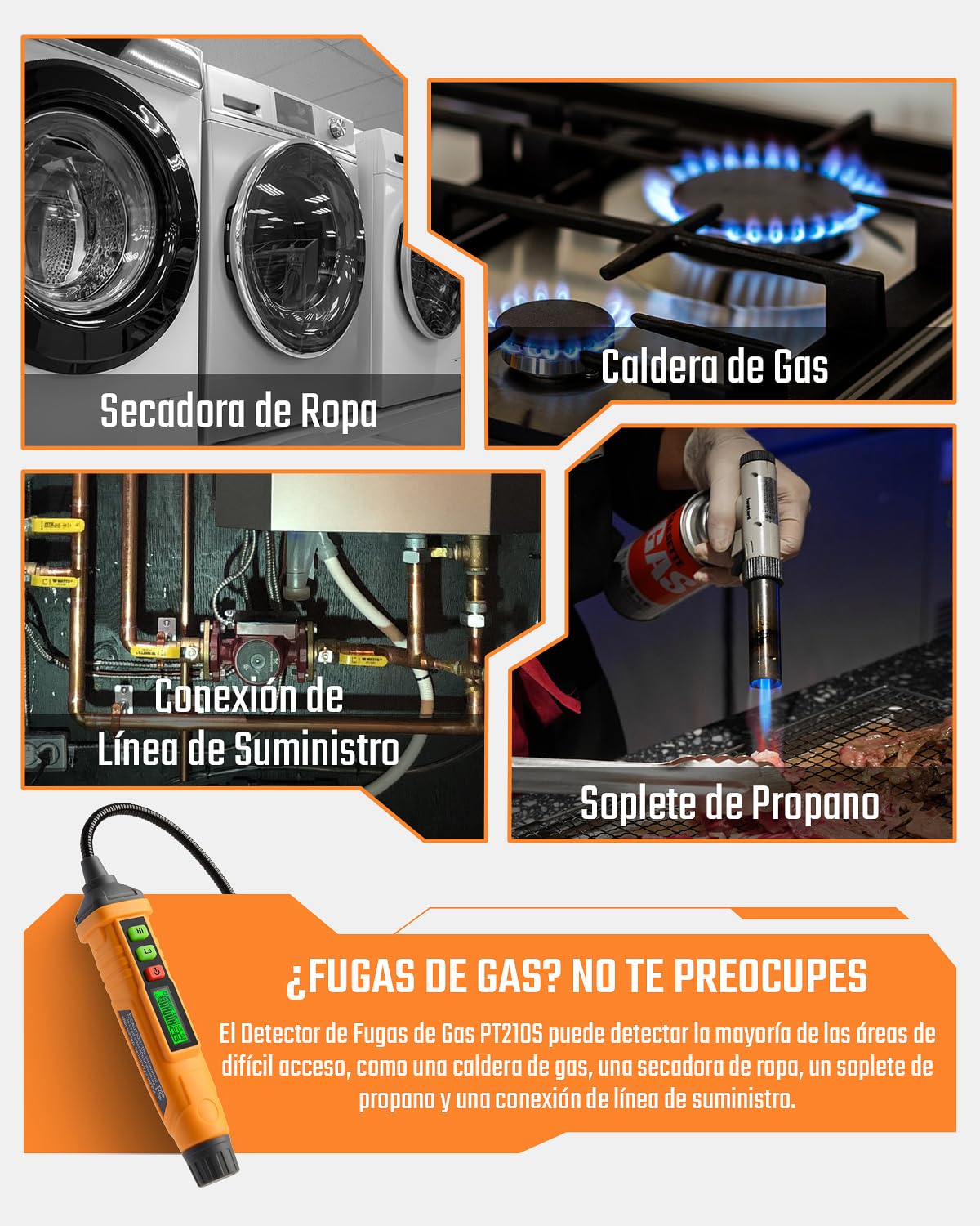 Detector de Gas Natural, TopTes PT210S Detector portátil de Fugas de Gas con sonda de 4 Pulgadas para localizar Gases combustibles como Gas Natural, midiendo%LEL (baterías Incluidas) - Naranja