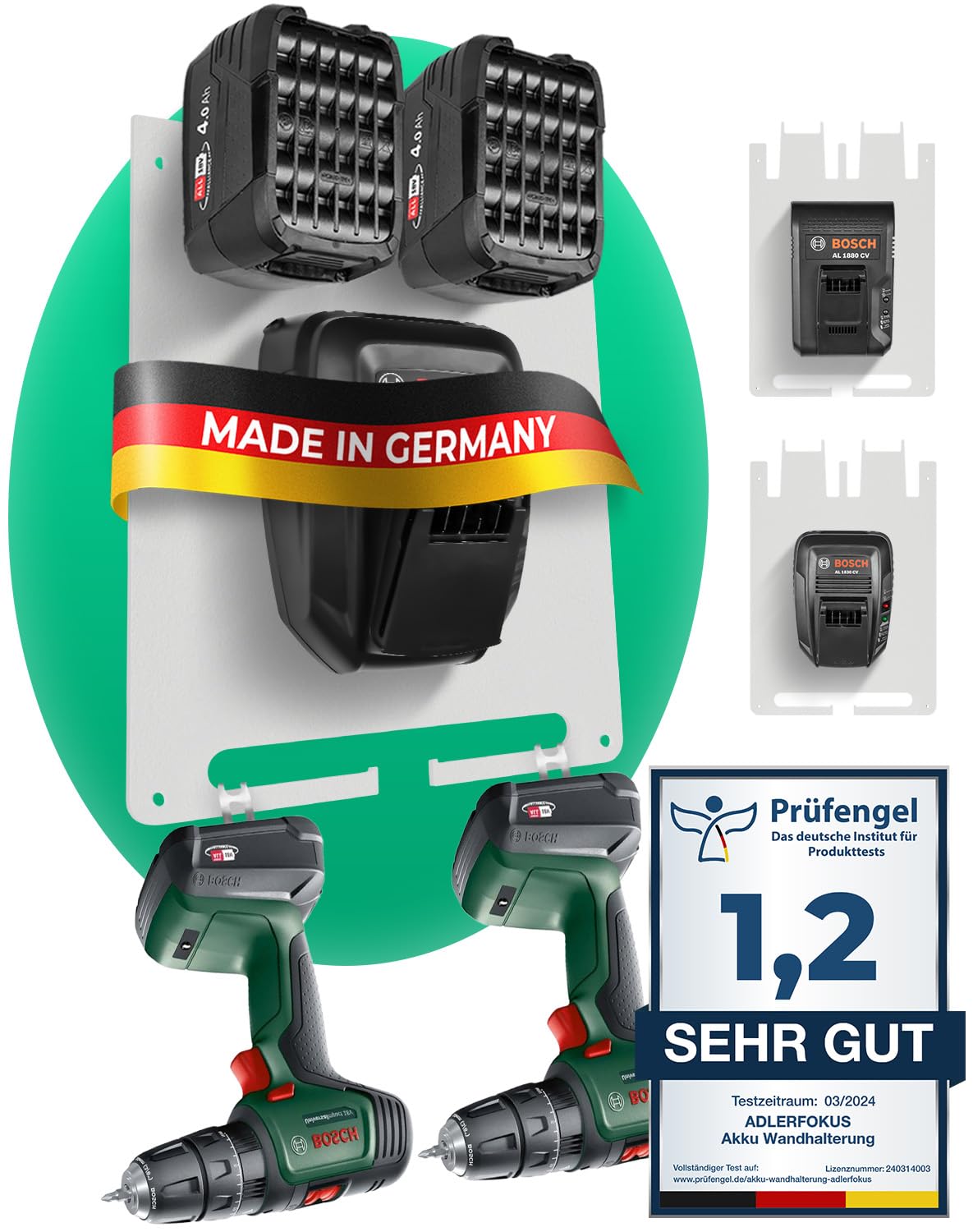 Adlerfokus Wandhalterung für Bosch Power-for-All Akkus & Ladegeräte [Made in Germany] Bosch Akkuhalter mit Premium Montagematerial - Akku Wandhalterung für Ordnung & System in der Werkstatt