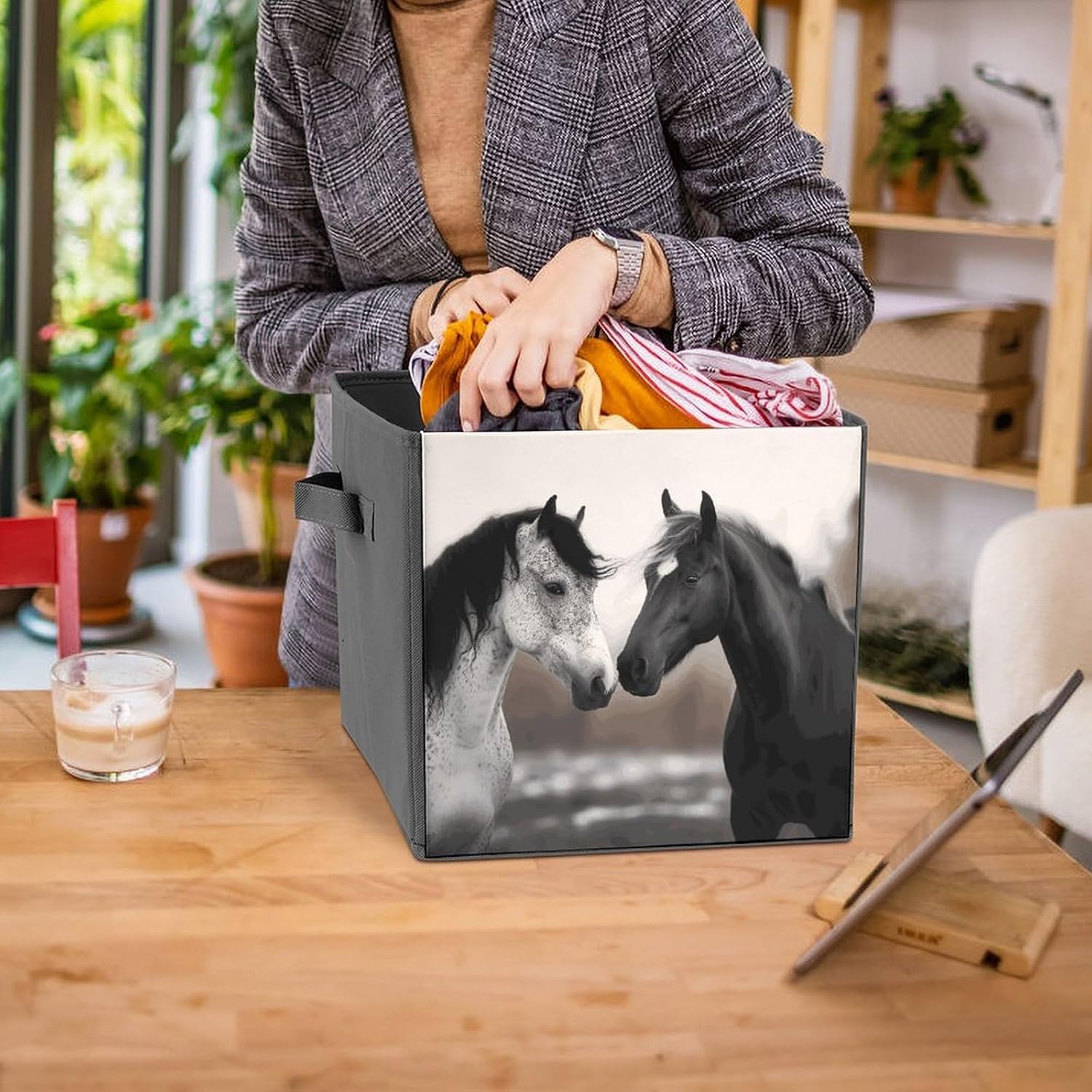 Folding Storage Bins Oxford Fabric Clothes Storage Boxes with Handles | Black And White Horses Cube Organizer, Easy to Store, Multi Functional Cube Storage Organizer for Office Bedroom