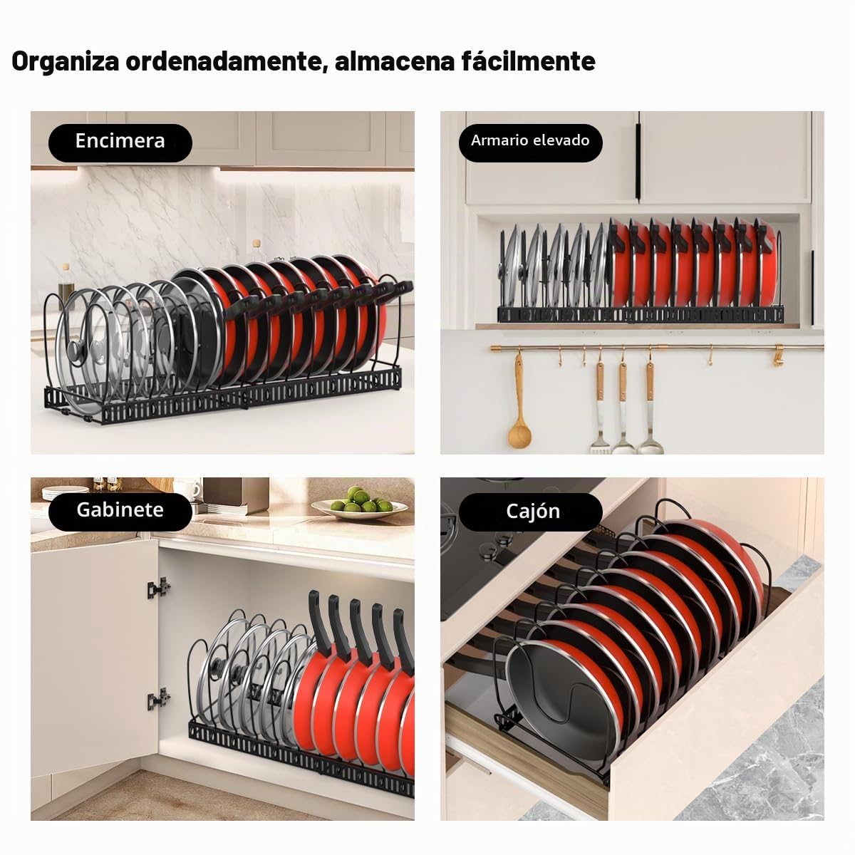 Housolution Organizador de Ollas y Sartenes, Extensible Organizador Tapas Ollas con 14 Compartimentos Ajustable, Soporte Tapas Ollas y Sartenes para Cocina, Negro