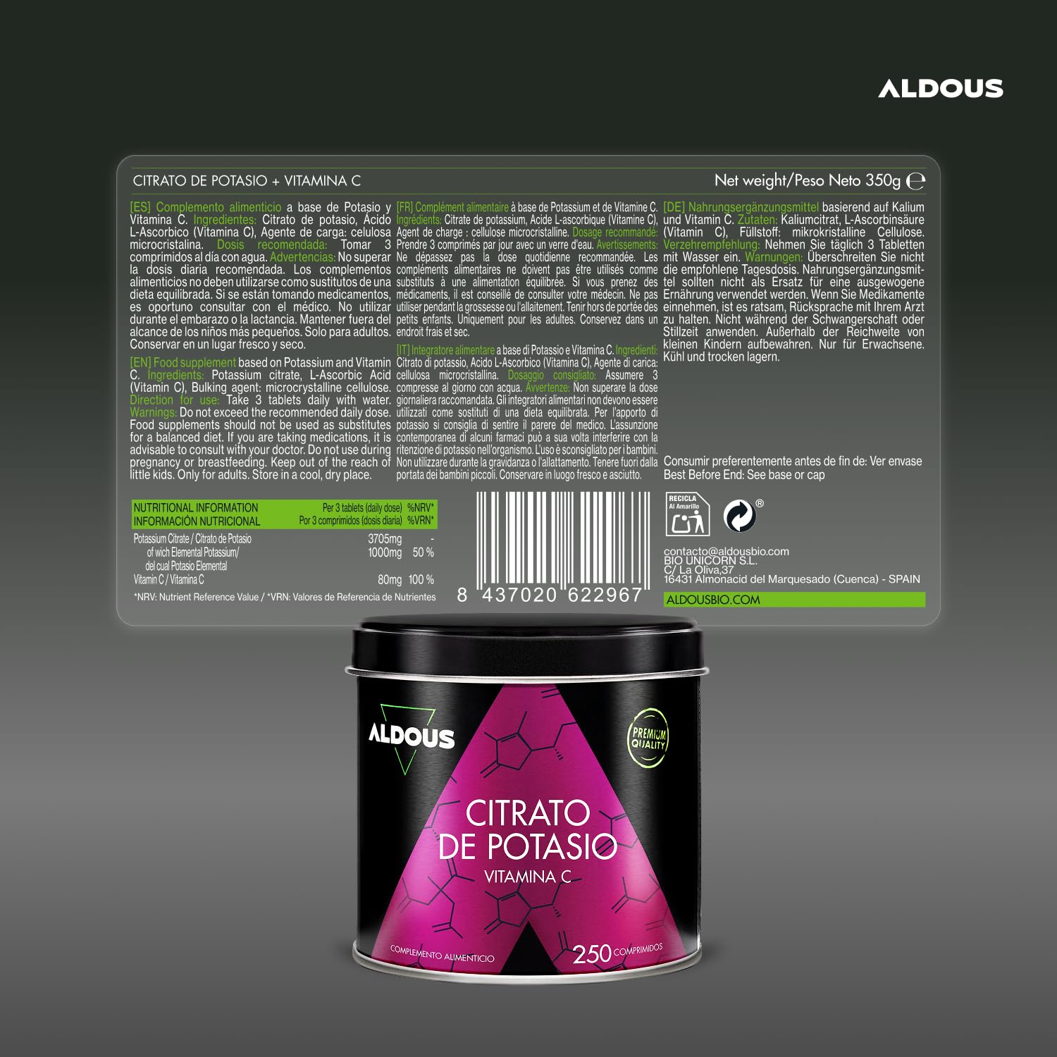 Potassio Citrato 3705 mg - 250 Compresse - 1000mg Potassio Elementare Alto Dosaggio - Potassio Integratore per Adulti - Muscoli, Stanchezza e Pressione Sanguigna, Sistema Nervoso - ALDOUS