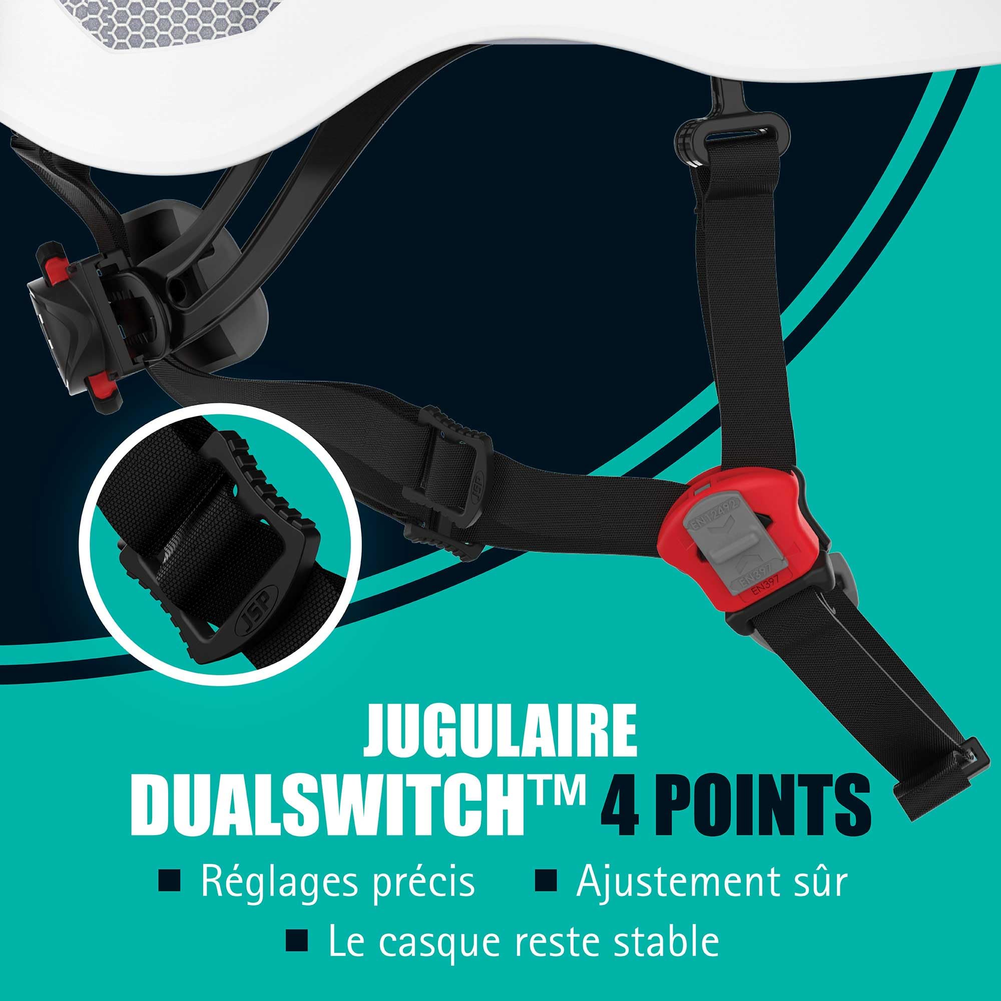 JSP Evo Alta DualSwitch Casque Premium ABS Chantier & Escalade, Blanc | Bascule entre protection EN 397 industrielle et EN 12492 escalade. Coque ABS. EN 50365 certifié.