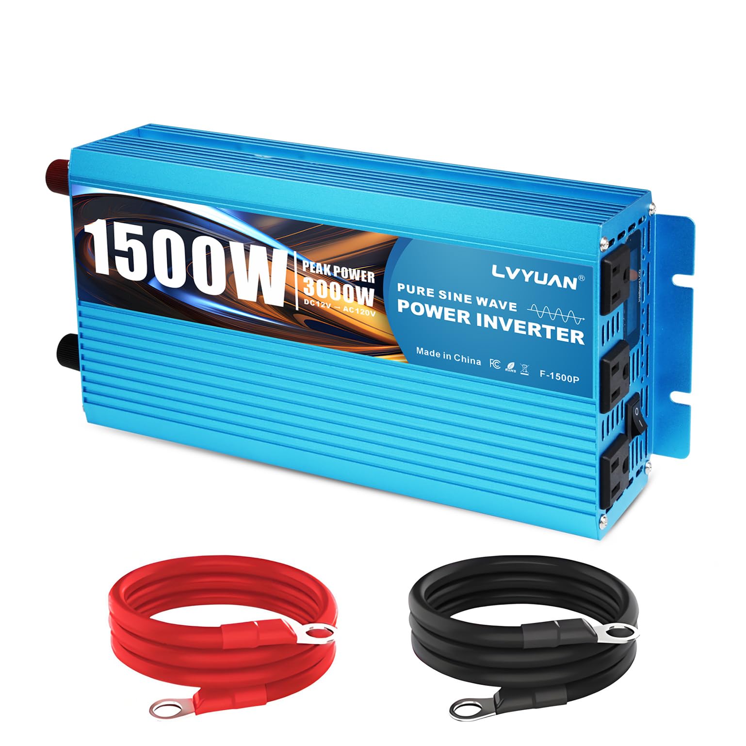 LVYUAN 1500 Watt Pure Sine Wave Inverter 12V to 110V 120V DC to AC with LCD Display, 3 U.S. Outlet, USB Charger Ports, Car Power Inverter for Vehicles, RV, Outdoor, Home