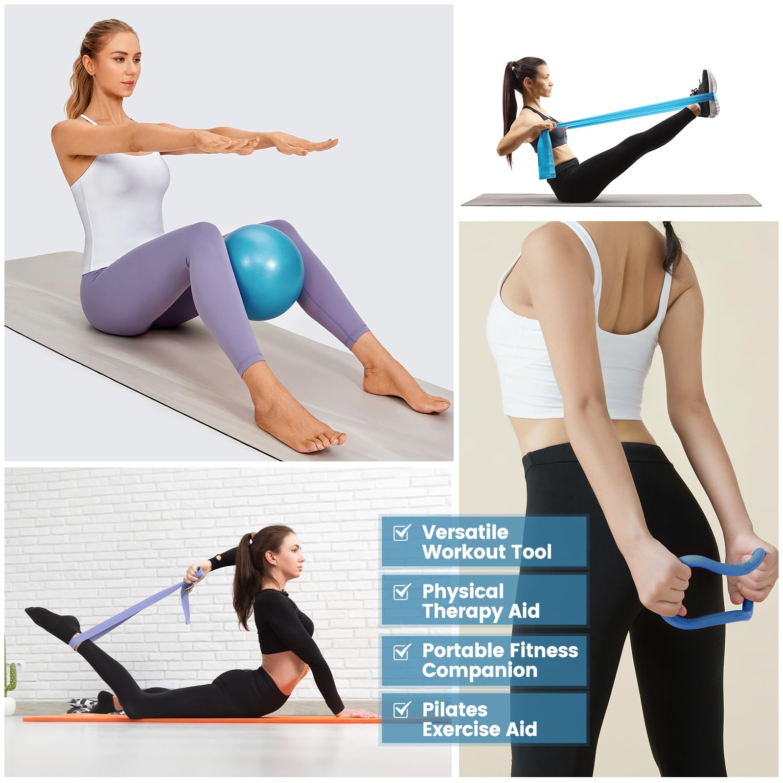 Home - Kit esencial de pilates para mujer, juego de equipo de pilates con pelota de yoga de 9 pulgadas, banda de resistencia figura 8, bandas de pilates y accesorios, juego de anillo de