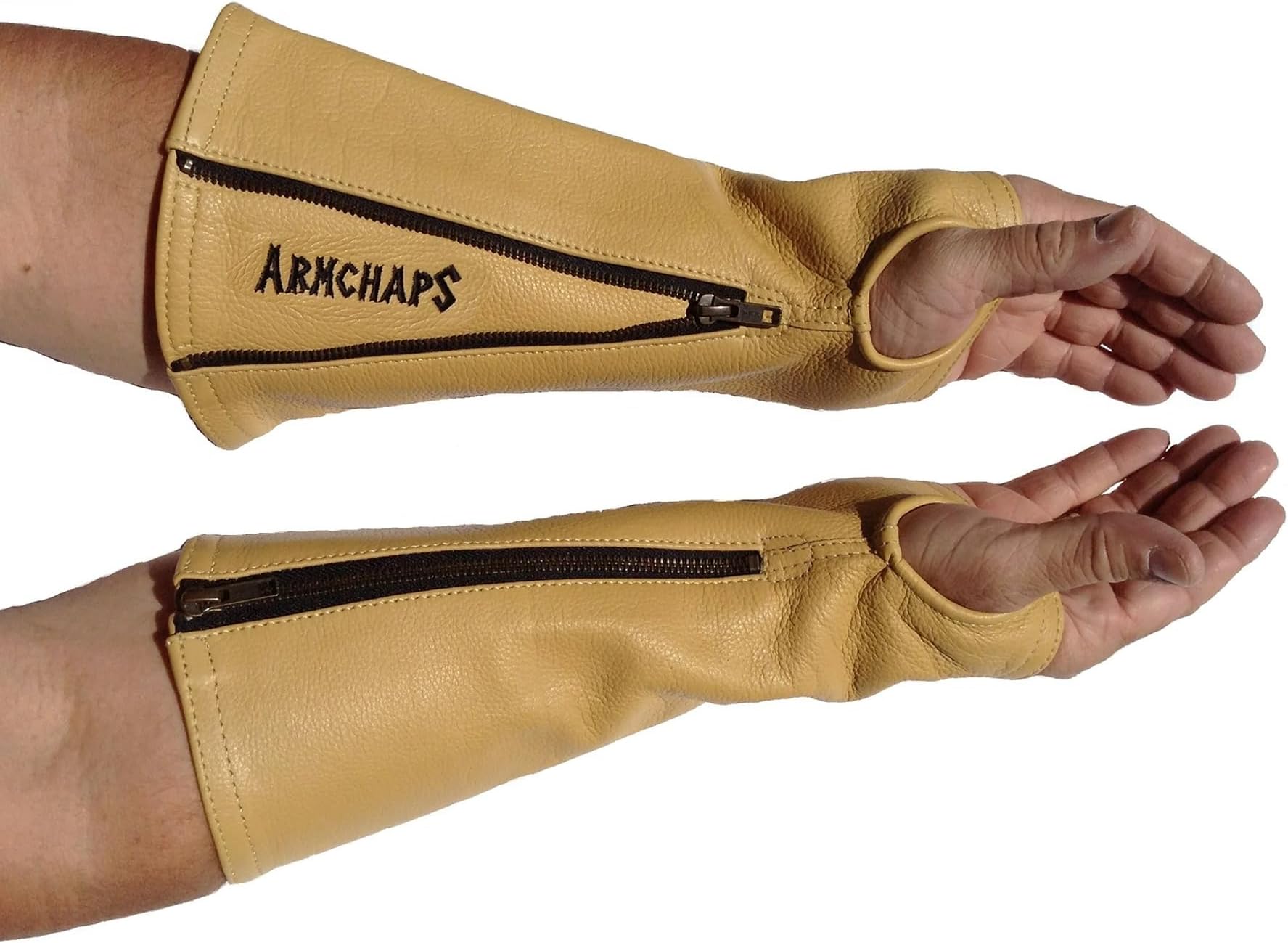 Arm Chaps Leather Protective Sleeves Arm Guard - Prevent Cuts, Scratches & Bruises - Genuine Cowhide - Ideal for Gardening & Construction - Left & Right Form-Fitting. Tan (1 Pair/Medium).