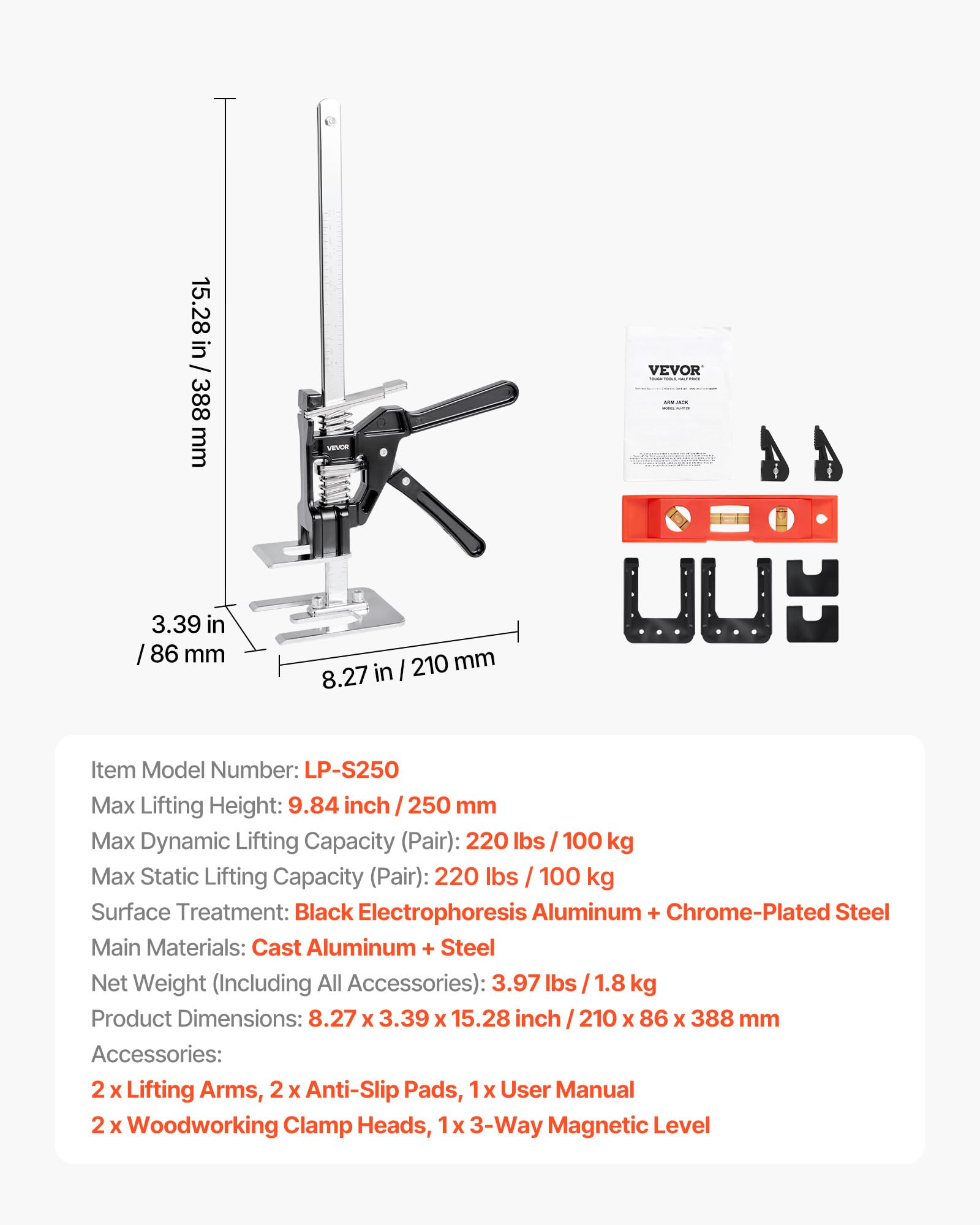 VEVOR Cric à Bras 2PCs, Lève Meubles Portes Plaques avec Capacité 100 kg, Outil de Levage Manuel en Métal, Hauteur Réglable jusqu'à 25 cm, avec Niveau Magnétique, pour Fenêtres, Installation, Noir