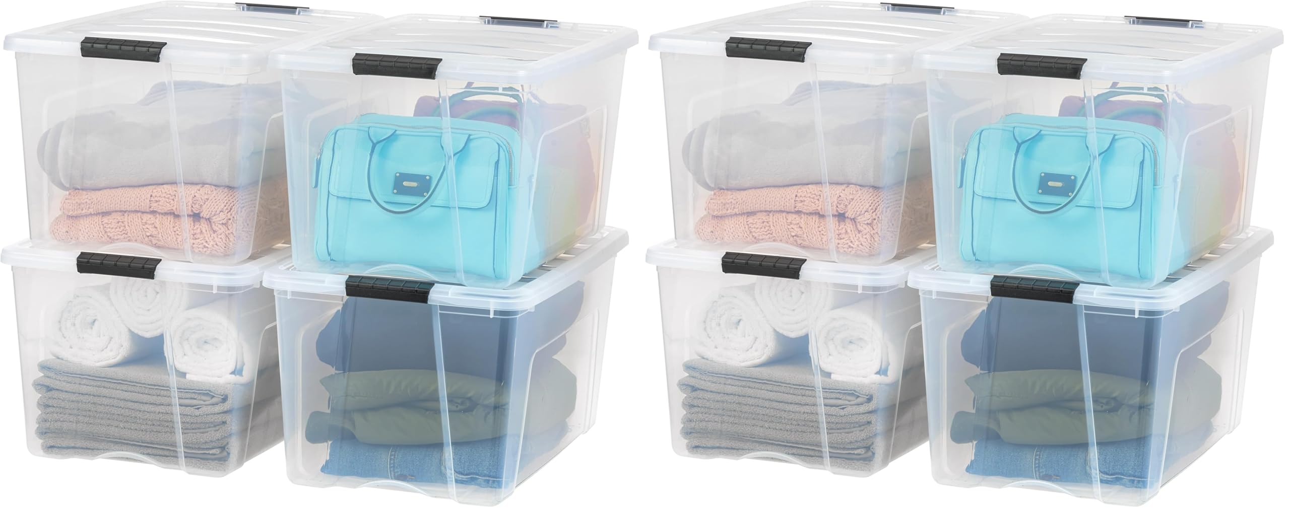 IRIS USA 72 QT Plastic Storage Box with Lid and Latches - 8 Pack - BPA-Free, See-Through Organizing Solution, Durable Nestable Stackable Containers, Secure Pull Handle - Clear