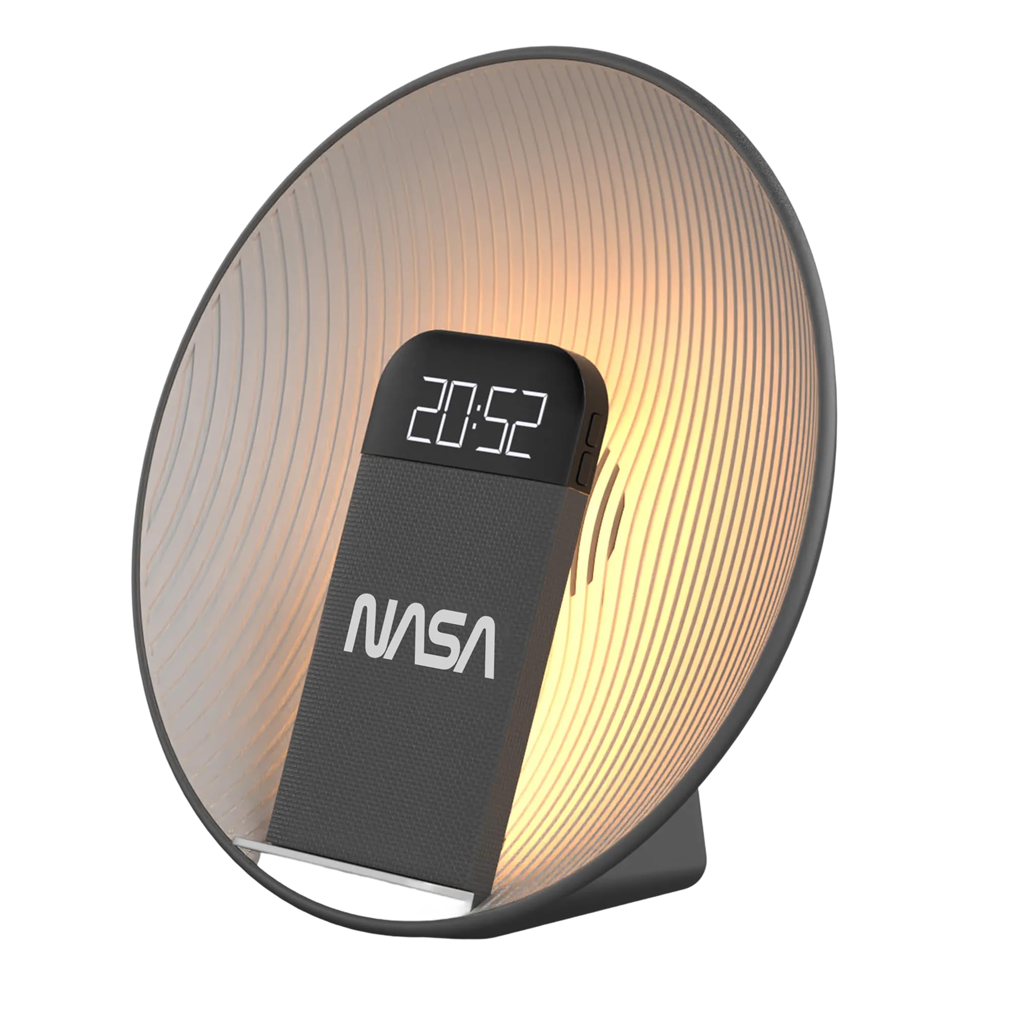 NASA SPC600 Réveil Bluetooth 5.3 avec Enceinte 5W RMS, Charge sans Fil Qi 15W, Double Alarme, LED Réveil 3000K, USB-C/USB-A, Design Gris