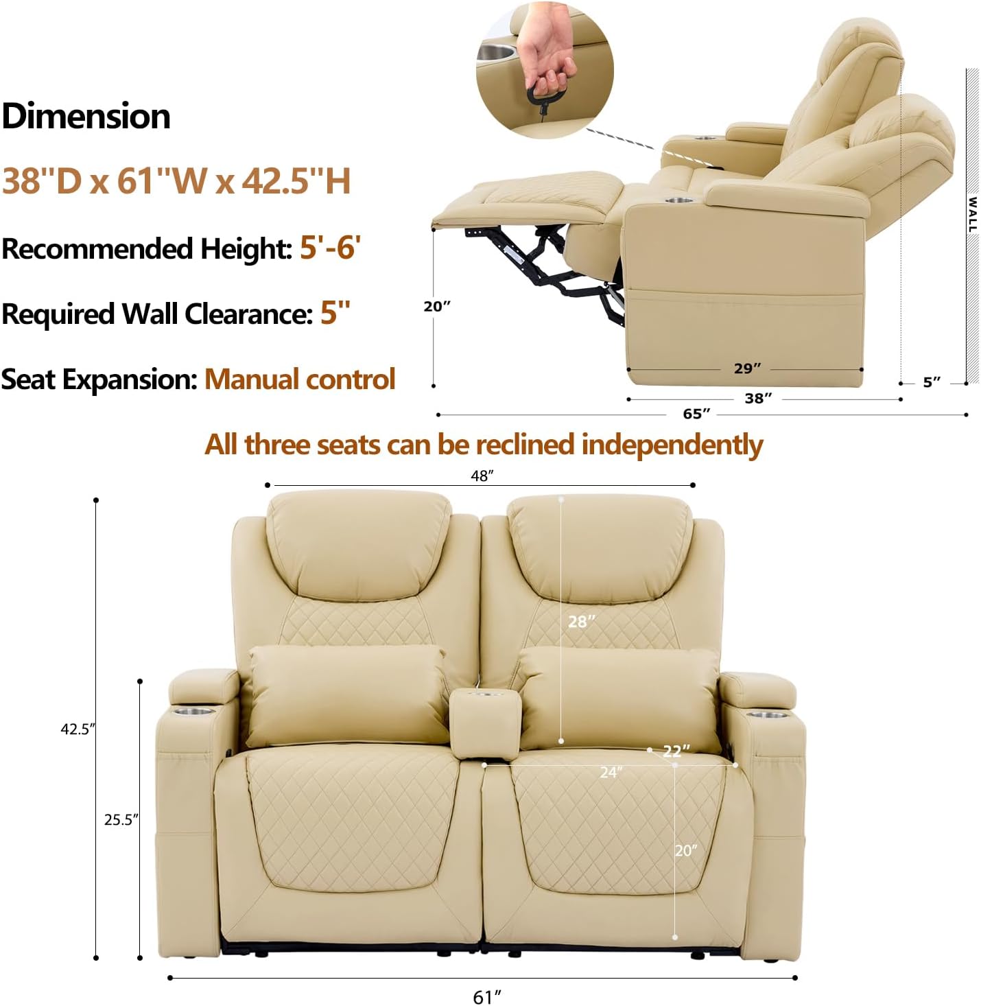 RV Loveseat Recliner, Wall Hugger Recliner Sofa PU Leather with Removable Armrests and Pillows for RVs, Living Rooms, and Home Theaters (Beige, Row of 2)