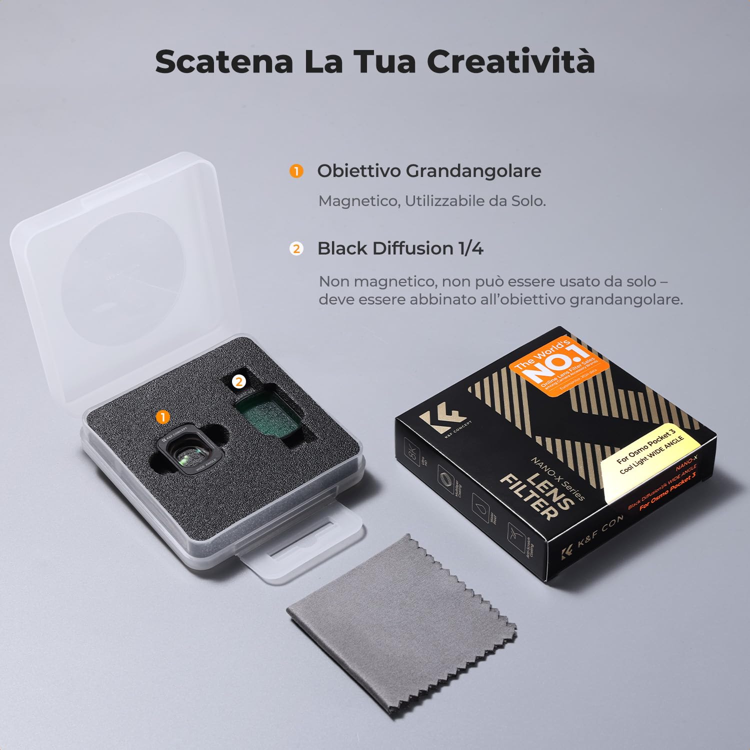 K&F CONCEPT Set Obiettivo Grandangolare Magnetico & Filtro di Diffusione Nero 1/4, Compatibile con DJI Osmo Pocket 4/3, 2 Pezzi, Vetro Ottico, Multistrato, Fissaggio Magnetico