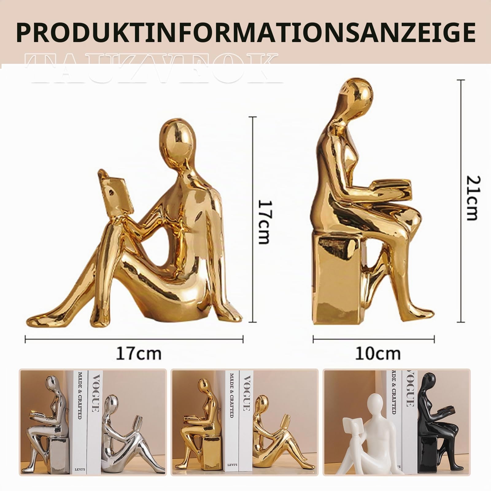 Denker Skulptur Lesen Deko Figuren Keramik Abstrakte Kunst Statue Für Bücherregal Deko Skulpturen, Deko Bücher, Büro Deko, Modern Dekofiguren,Silver a