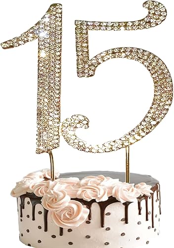 Decoración de pastel de quinceañera, decoración de pastel número 15 con diamantes de imitación de cristal brillante, diamantes dorados