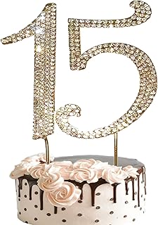 Quinceanera Cake Topper, 15th Cake Topper with Sparkly Crystal Rhinestone, Glaring Golden Diamond Birthday Wedding Anniversary Cake Decoration Party Supply