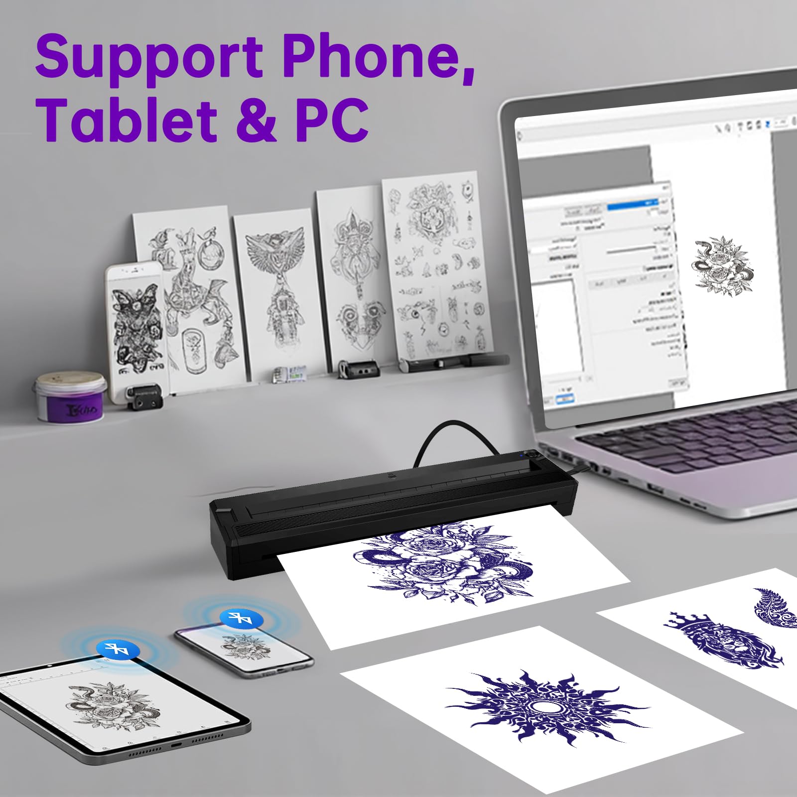 Tattoo Stencil Printer Machine for Tattooing, Portable Bluetooth Thermal Tattoo Transfer Printer for Tattoo Artists & Enthusiasts., Compatible with Android, iOS, Windows(Black)