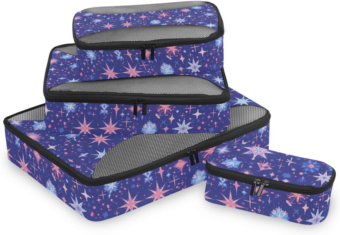 Blue Pink Merry Christmas Stars 4 Pcs set luggage organizer bags Mesh Travel Essentials portable large packing cubes