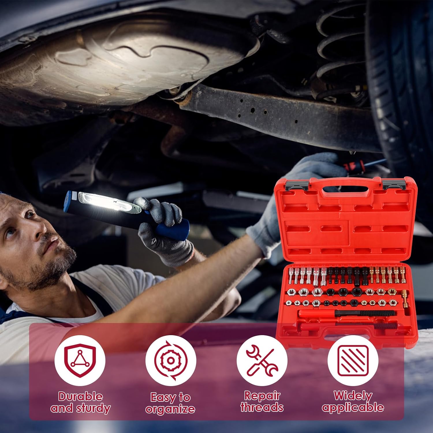 15/42Pcs Thread Restorer Kit Carbon Steel Car Rethreading Repair Tool Set UNC/UNF/Metric Thread Chaser Repair Kit with Storage Case Thread Files Taps and Dies Set for Car Repair(Red 2)