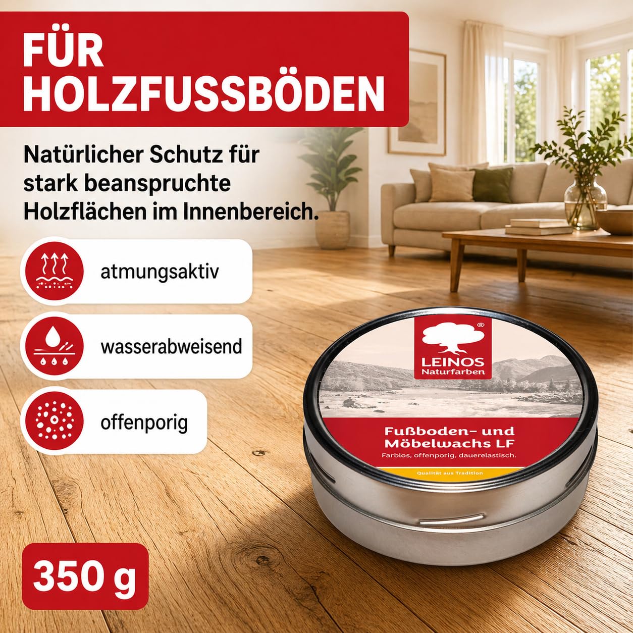 LEINOS Fußboden- & Möbelwachs LF 310 | 350 gramm Natürliches Hartwachs für Innenbereiche | Atmungsaktiver Schutz für Holz, Kork, Tonfliesen | Reines Naturwachs mit Bienen- & Carnaubawachs