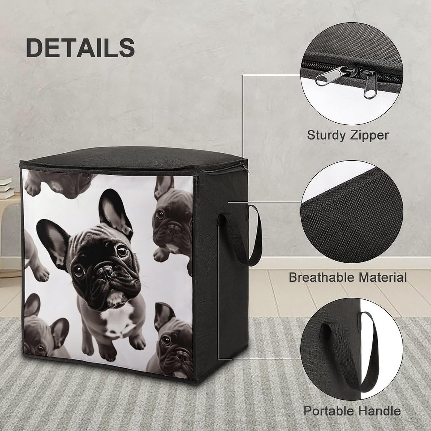 French Bulldog Storage Bag with Zippers And Handle Extra Large Bedding Comforter Storage Bag Foldable Blanket Storage Bags Fabric Moving Bags for Closet Organizer (70L)