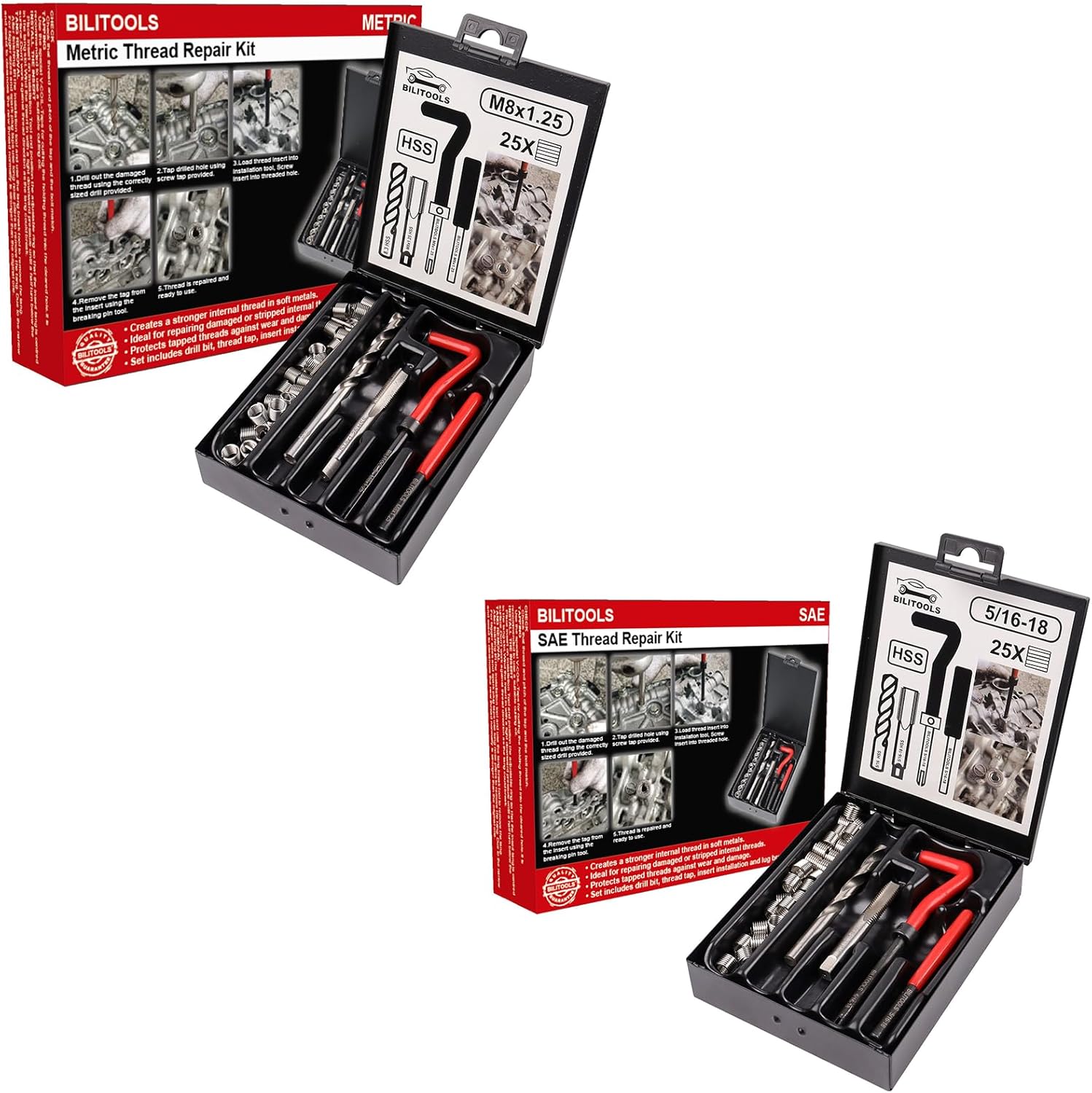 BILITOOLS M8x1.25 and 5/16-18 inch Thread Repair Kit, HSS Drill Helicoil Repair Kit Metric and SAE