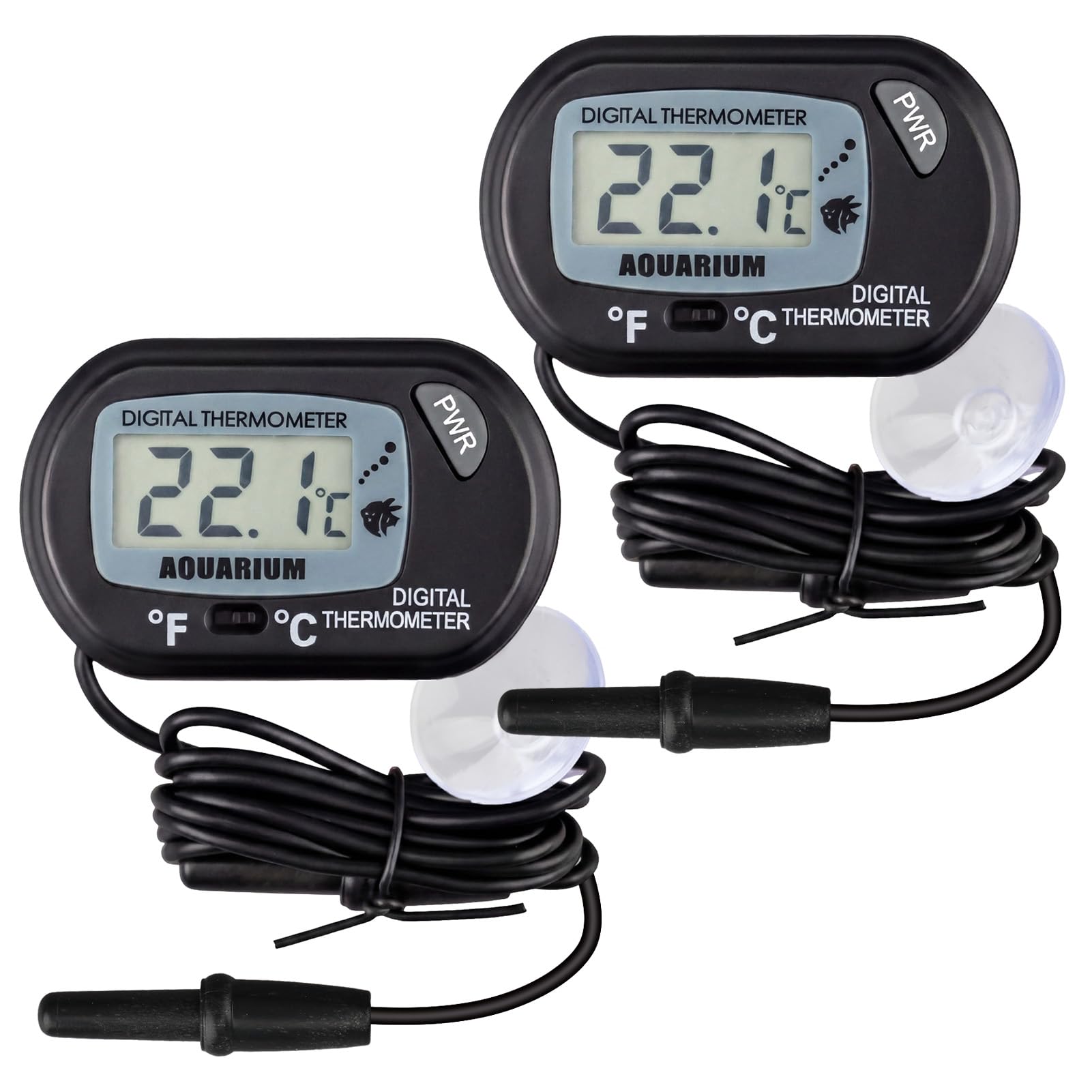 Digital Aquarium Thermometer Fish Tank Temperature Monitor with Probe and Suction Cup, 2PCS Water Temperature Gauge for Aquarium, Reptile Thermometer with LCD Display °C/°F Switch