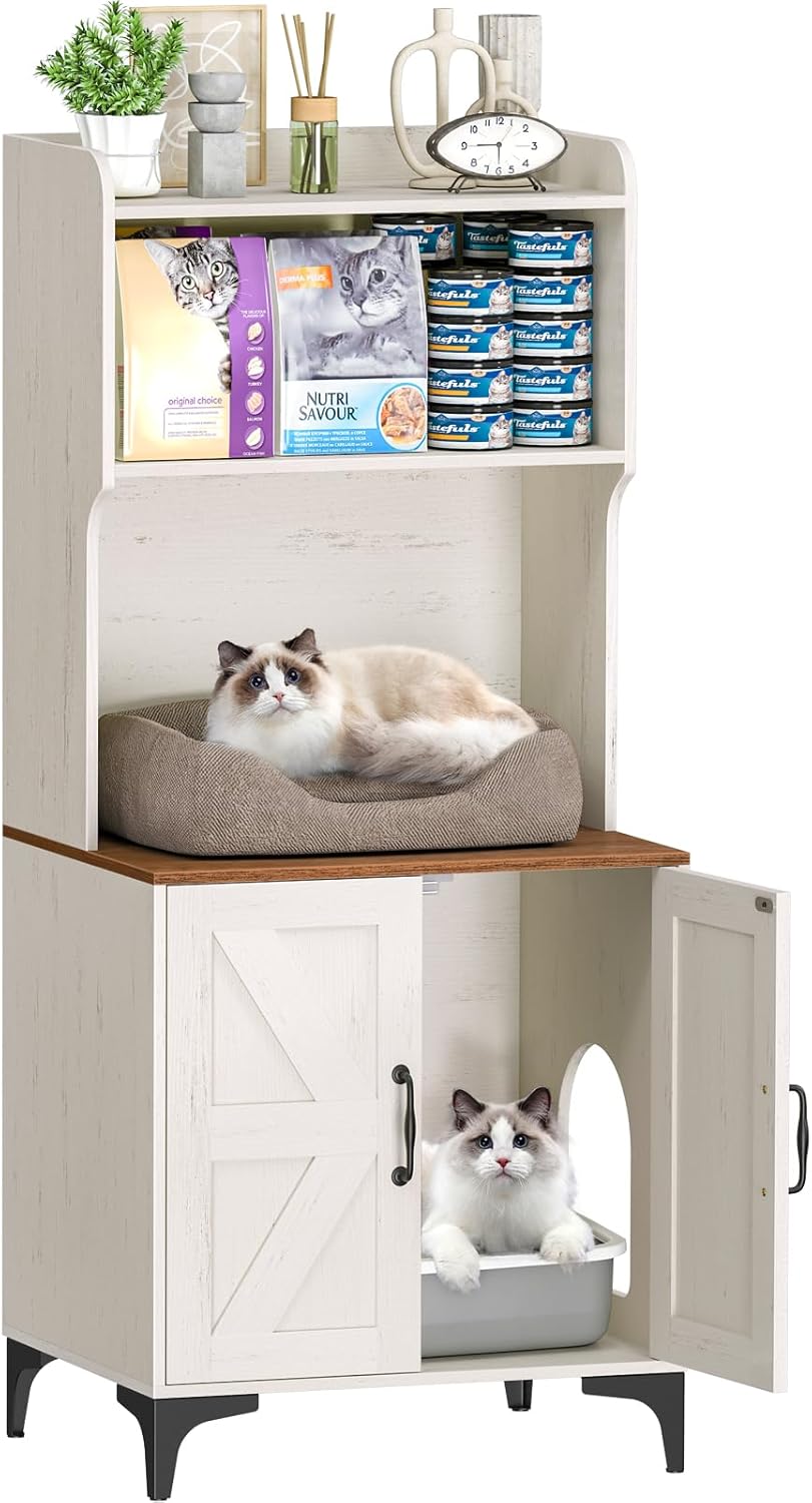 Snughome Cat Litter Box Enclosure with Storage Shelves, 2-in-1 Modern Cat Litter Box Enclosure Furniture Hidden, Wooden Cat Washroom Cat House with Metal Legs, Fit Most of Litter Box, White