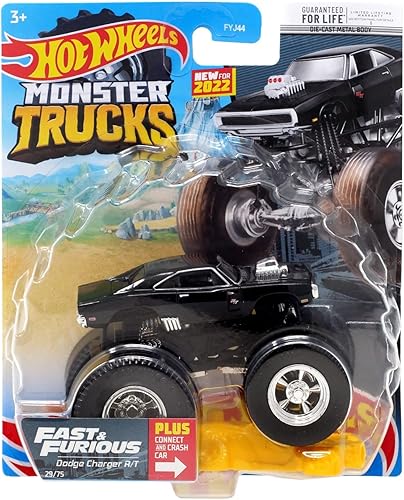 DieCast Hot Wheels Monster Trucks Fast & Furious Dodge Charger R/T (negro) 29/75 - Camión a escala 1:64 con auto de conexión y choque