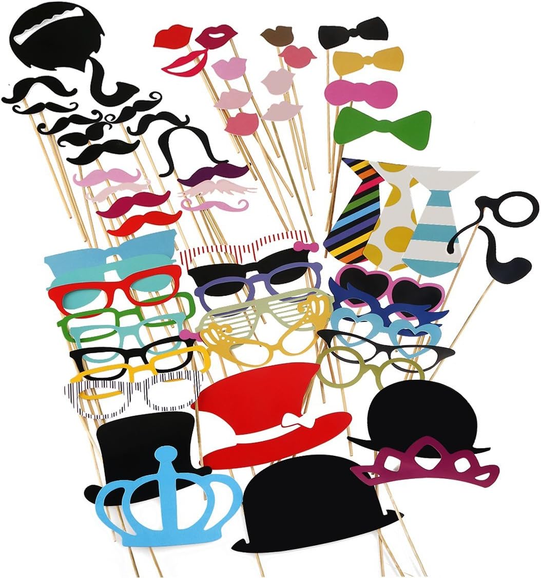 Tinksky Photo Booth Props 60 piece DIY Kit for Wedding Party Reunions Birthdays Photobooth Dress-up Accessories & Party Favors, Costumes with Mustache on a stick, Hats, Glasses, Mouth, Bowler, Bowties