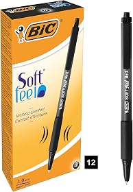 BIC Kugelschreiber Set Soft Feel Clic Grip, in Schwarz, Strichstärke 1.0 mm, 12er Pack