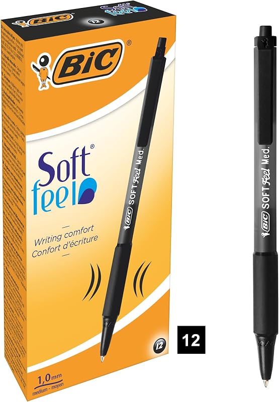 BIC Kugelschreiber Set Soft Feel Clic Grip, in Schwarz, Strichstärke 1.0 mm, 12er Pack