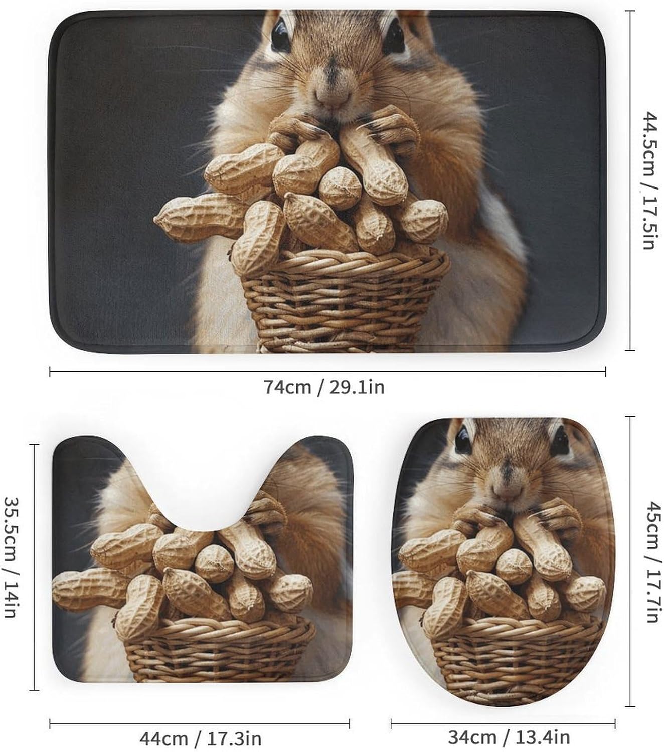 Squirrel and Peanut Shower Curtain Set 4 Piece, Non-Slip Bath Mat with Toilet Lid Cover and Waterproof Shower Curtain with 12 Hooks, Complete Bathroom Set for Home Decor