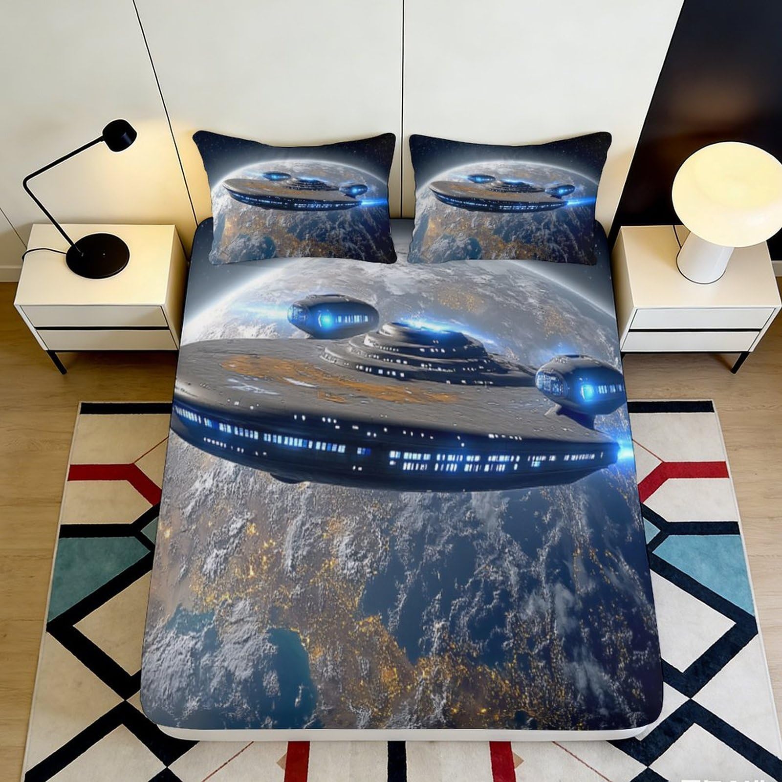 3D Printed Spaceship Fitted Sheet Microfiber Soft Durable Cosmic Bed Cover for Bedroom Dormitory Guest Room Mattress Protection Decor 120x200x25cm