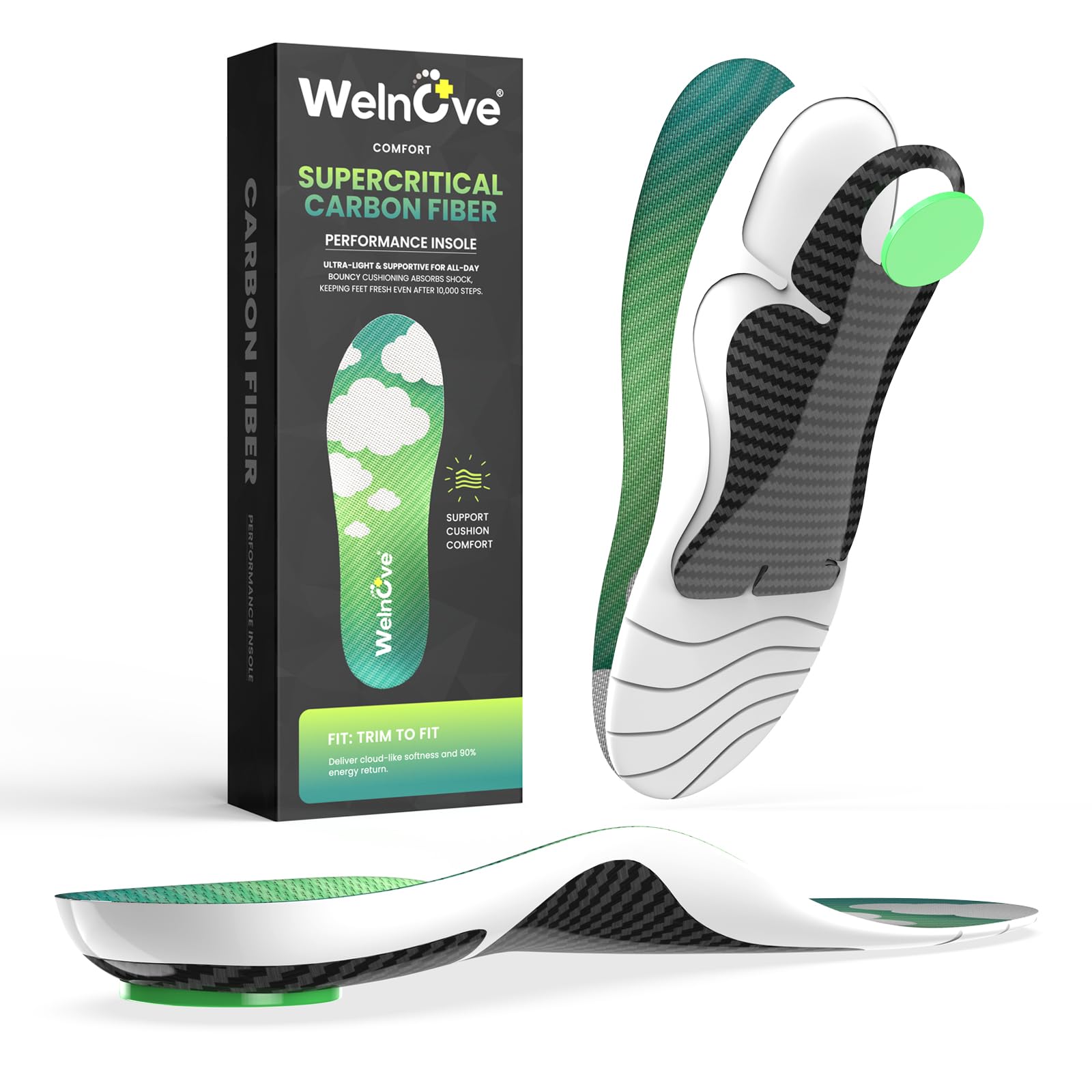 Insoles de fibra de carbono Performance Sports Insoles para correr, baloncesto, atletismo, absorción de impactos extra en la nube, peso ligero, soporte para arco, insertos ortoticos para botas o
