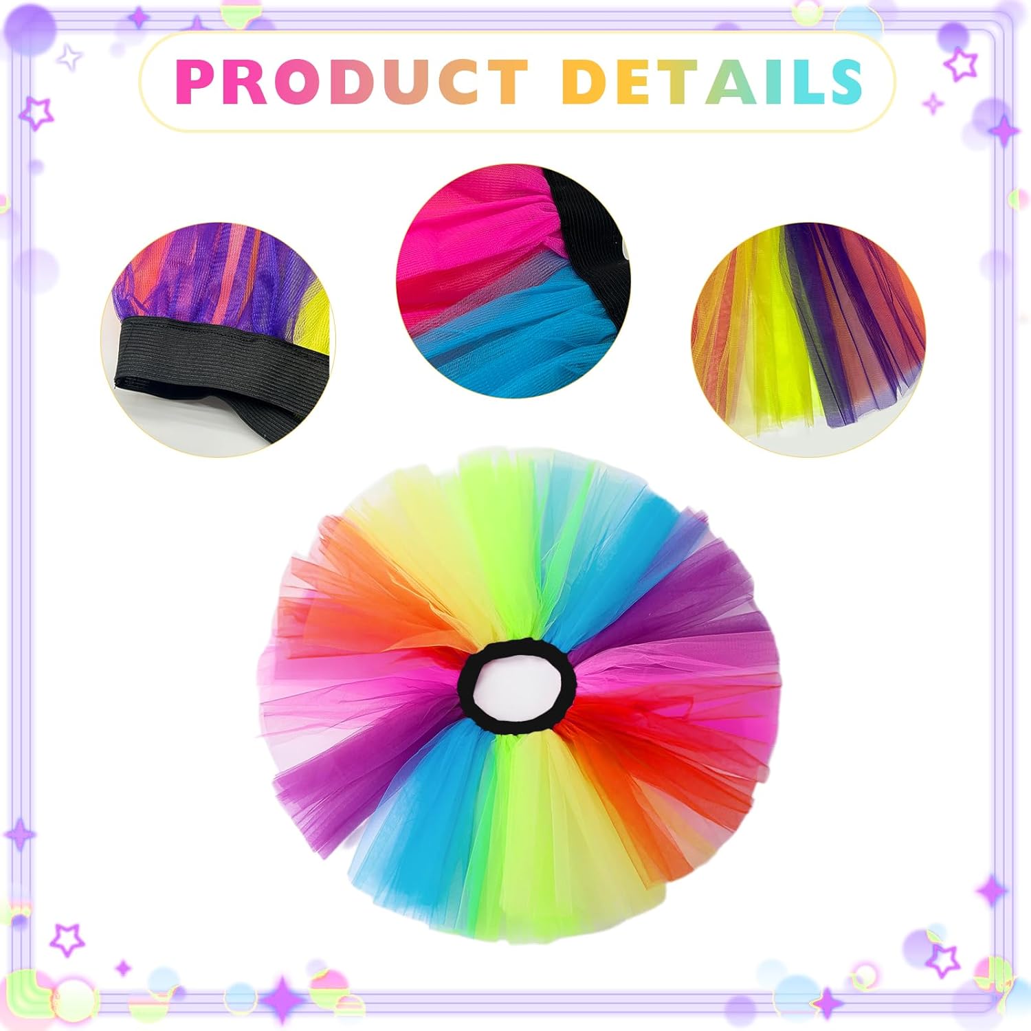 TUONYIS 2 stuks tutu-rokjes, neonkleuren, neontutu-rok, neon tutu-rok voor dames, jaren 80-rok, tutu-fee, neonfeestaccessoires, jaren 80-kostuum, rave- retro-outfit, regenboog, One size