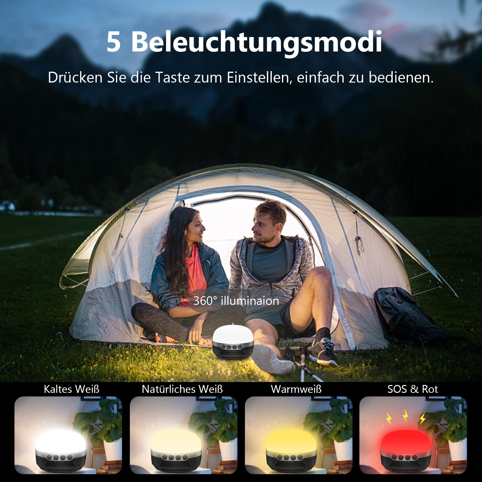 Lampada da campeggio a LED RGB che cambia colore, 8400 mAh, con ricarica USB C, 5 modalità di illuminazione, regolazione continua, impermeabile e forte magnete, per escursioni, interruzioni di
