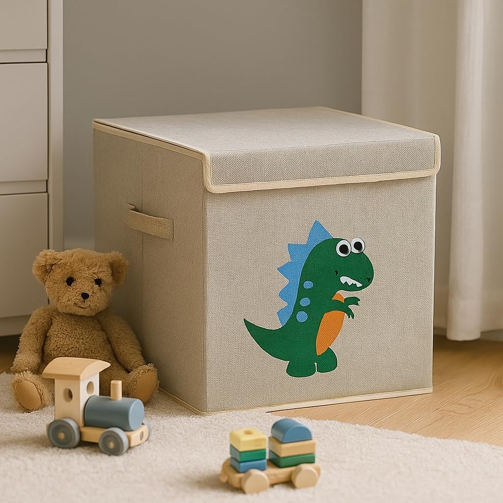 Caixa Organizadora Infantil Brinquedos Linho Tampa Baú Animal Box Oky’s (DINOSSAURO)