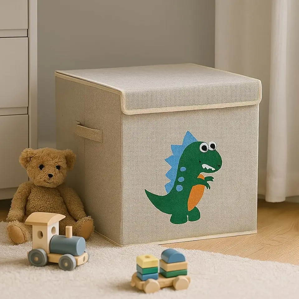 Caixa Organizadora Infantil Brinquedos Linho Tampa Baú Animal Box Oky's (DINOSSAURO)