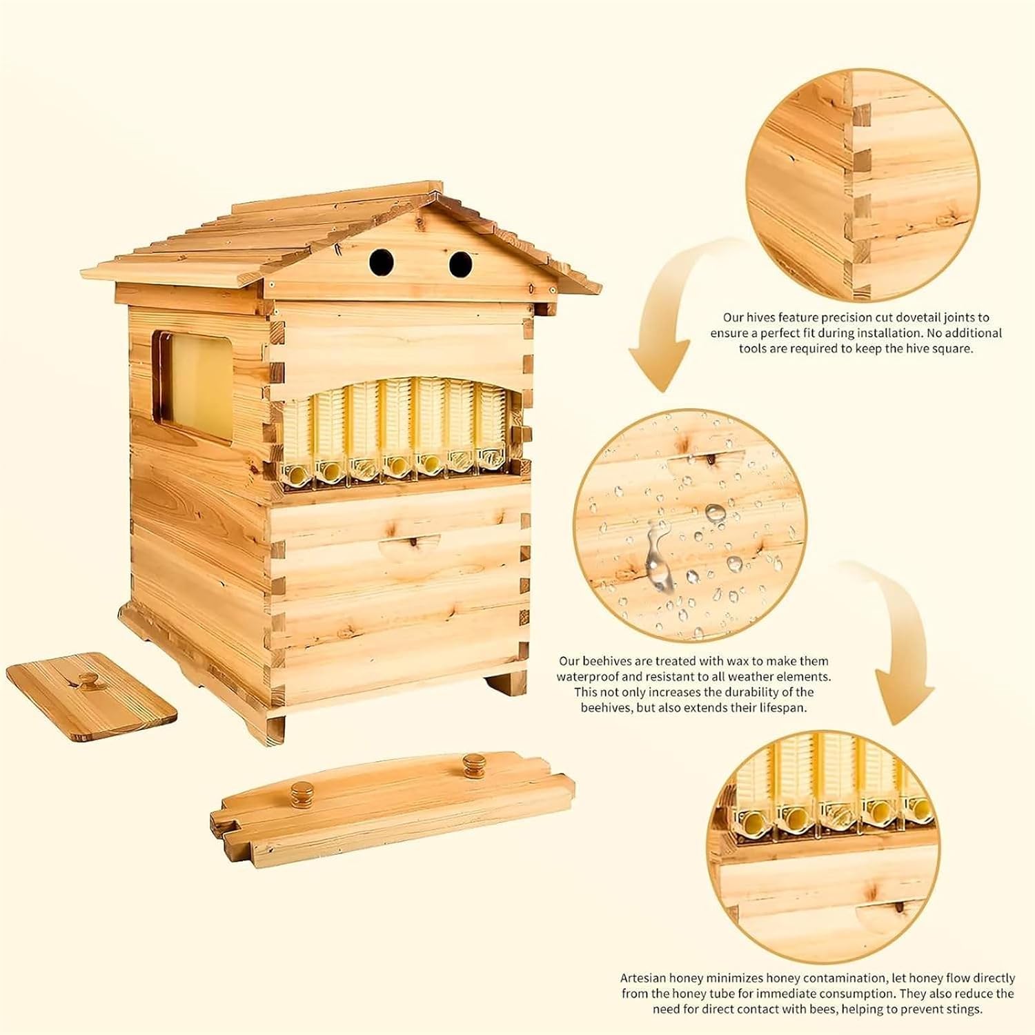 Kit de démarrage pour Ruche à Flux laminaire Automatique avec fenêtre dobservation et Bec verseur à Miel, Ruche de Type cabane avec système dextraction intégré pour lapiculture de Jardin.