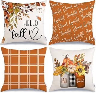 GEEORY Fall Pillow Covers 18x18 Set of 4 Fall Decor Buffalo Plaid Pumpkin Maple Leaf Thankful Grateful Blessed Fall Pillows Decorative Throw Pillows Farmhouse Thanksgiving Cushion Case for Couch Sofa