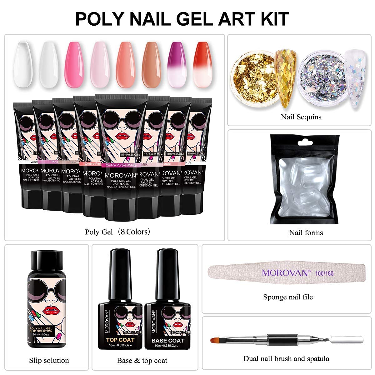 Morovan Poly Nail Gel Kit Poly Extension Nail Gel-8 Glitter colors 0.5oz Quick Nail Extension Builder Gel Temperature Color Changing