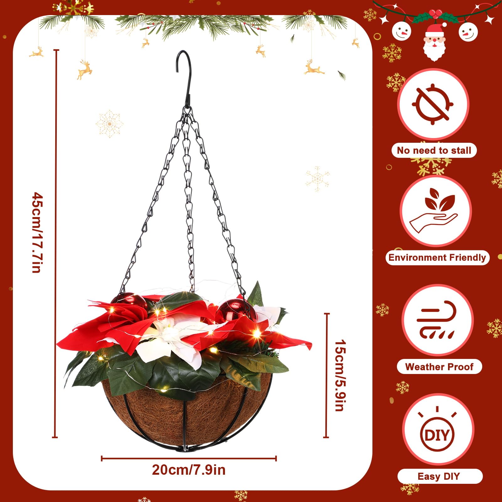 HyDren Lot de 2 fleurs de poinsettia artificielles pré-éclairées à suspendre pour intérieur ou extérieur, jardin, terrasse, porche (rouge et blanc)