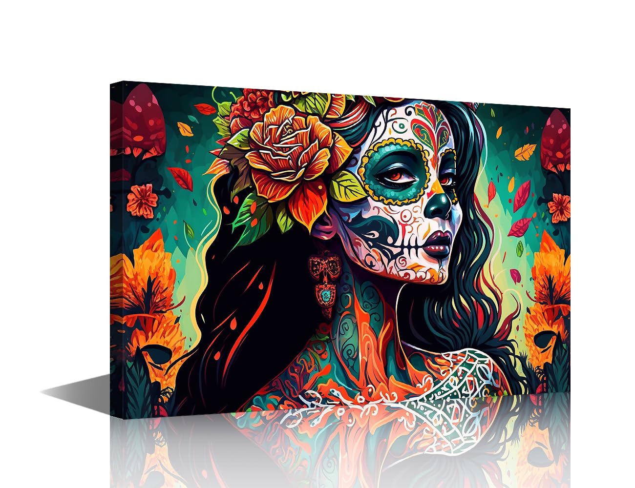 Holiday in Mexico Wall Decor Posters & Prints 1 Piece Skull Girl Art Prints Wall Decor Living Room Day of Death Print on Canvas Giclee Wooden Framed Gallery-Wrapped Ready to Hang (12" Wx18 H)