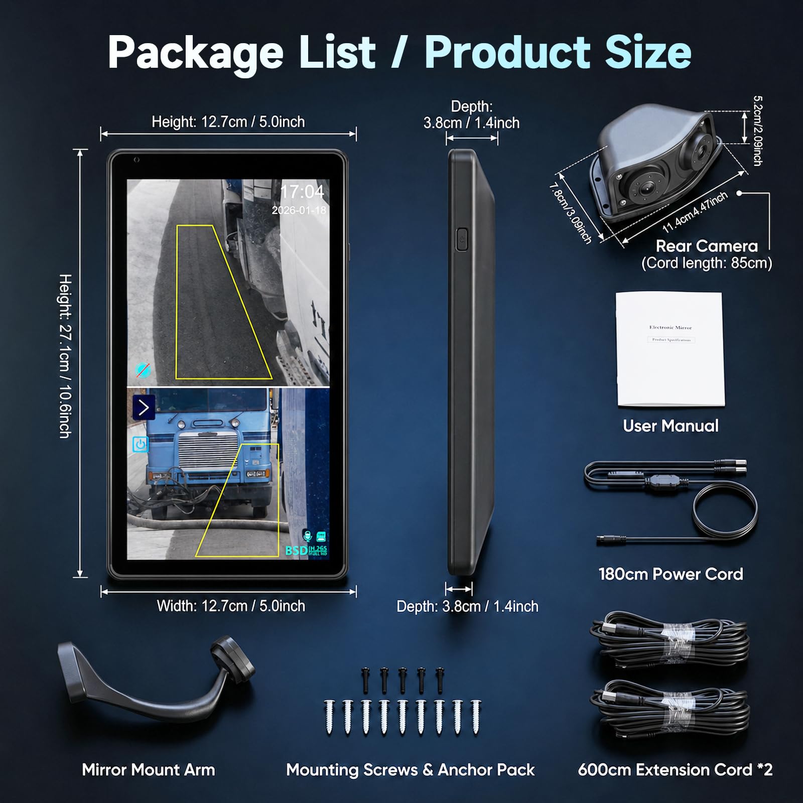 Hodozzy Cámara de Marcha Atrás Kit con Monitor Táctil IPS HD de 10,36 Pulgadas para Visión Nocturna, Camara de Vision Trasera Ajustable de Doble Canal, Cámara Retrovisor con BSD, Grabación Bucle